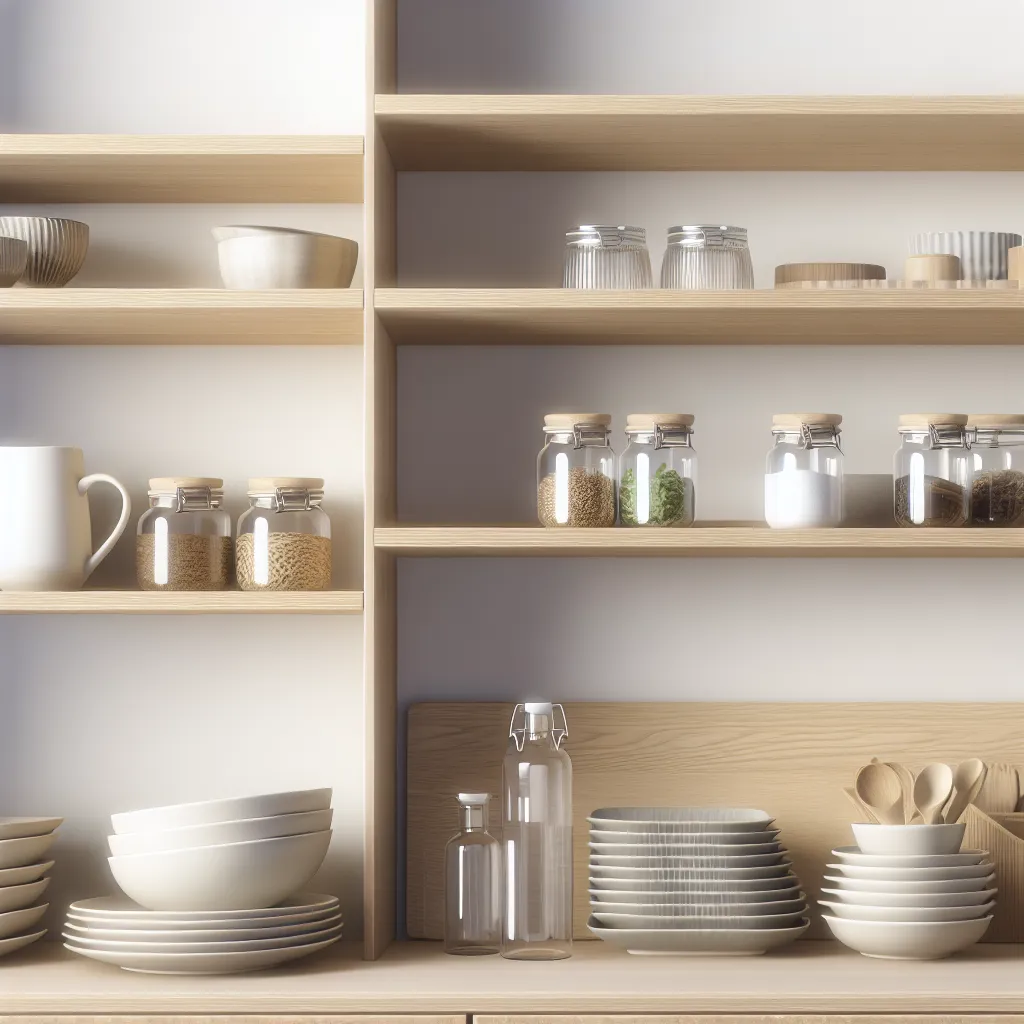 Organized kitchen shelves with curated items