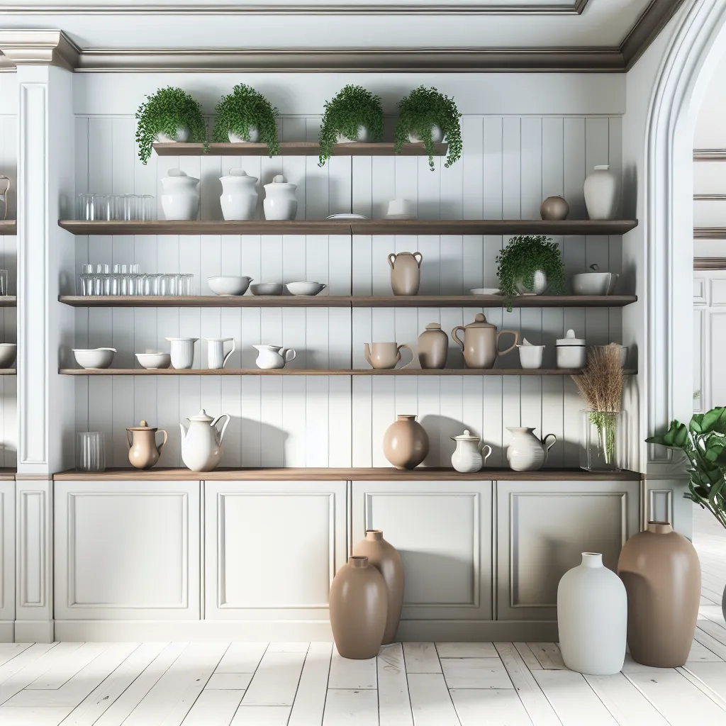 Curated shelf styling with ceramics and plants