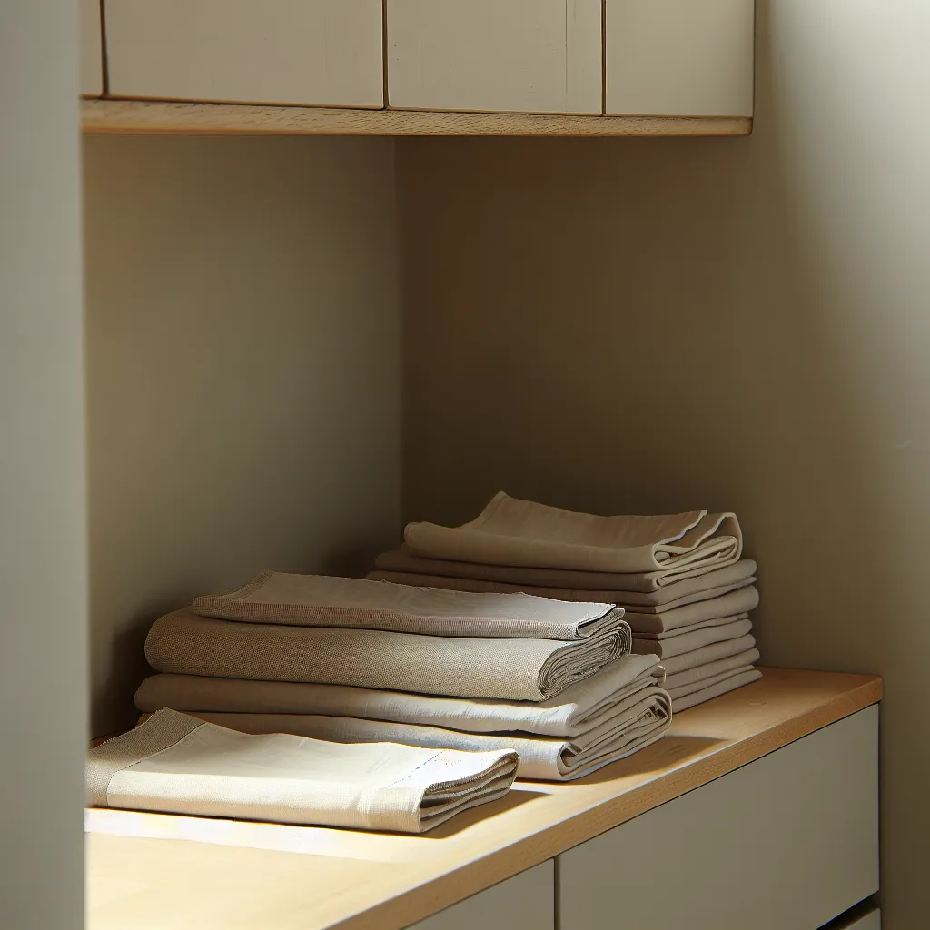 Curated kitchen linens on shelf